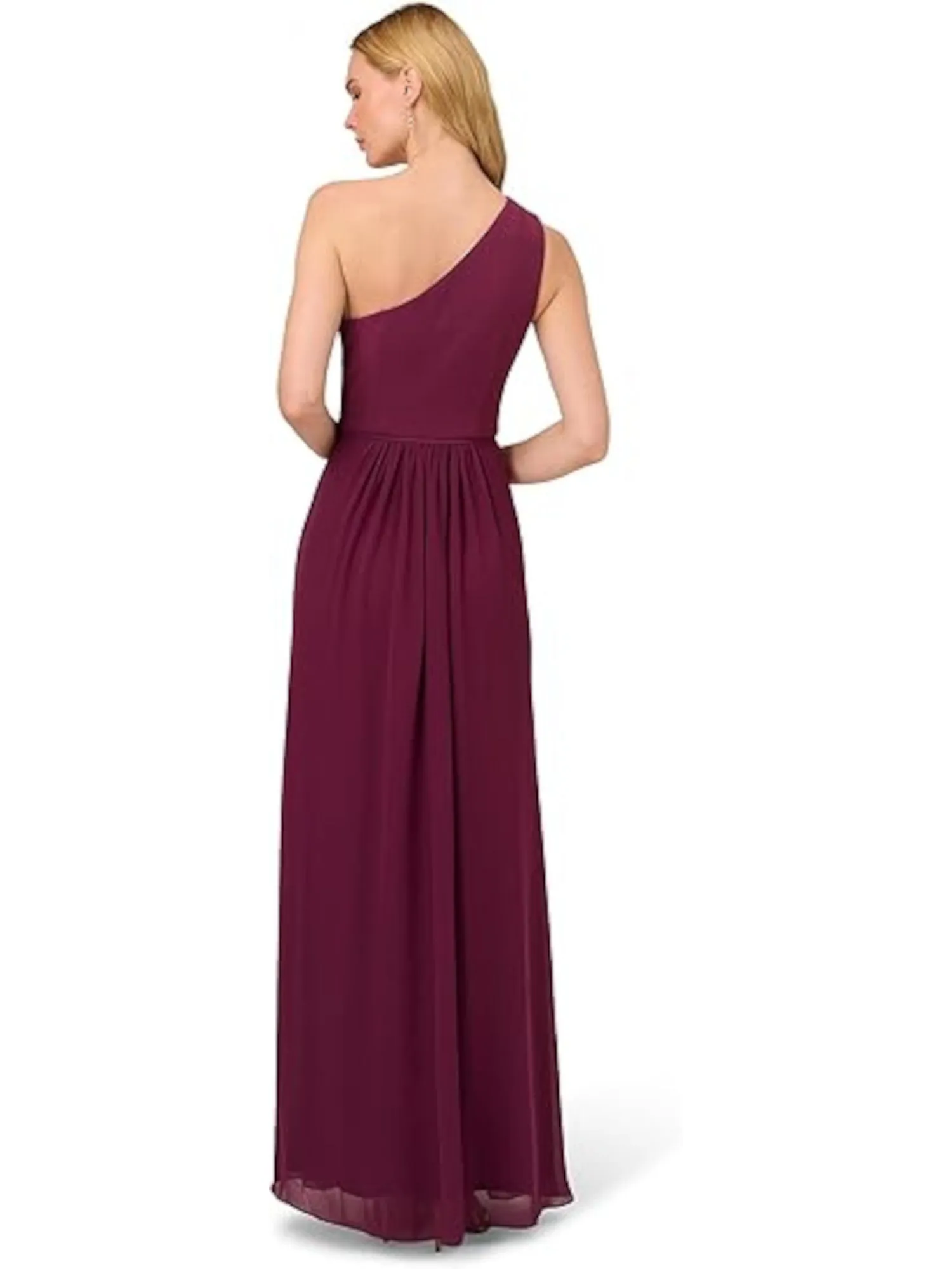 ADRIANNA PAPELL Womens Burgundy Zippered Gathered High Slit Lined Sleeveless Asymmetrical Neckline Full-Length Evening Gown Dress