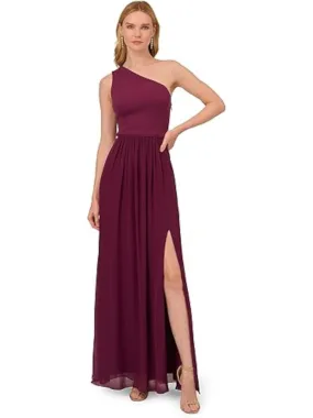 ADRIANNA PAPELL Womens Burgundy Zippered Gathered High Slit Lined Sleeveless Asymmetrical Neckline Full-Length Evening Gown Dress