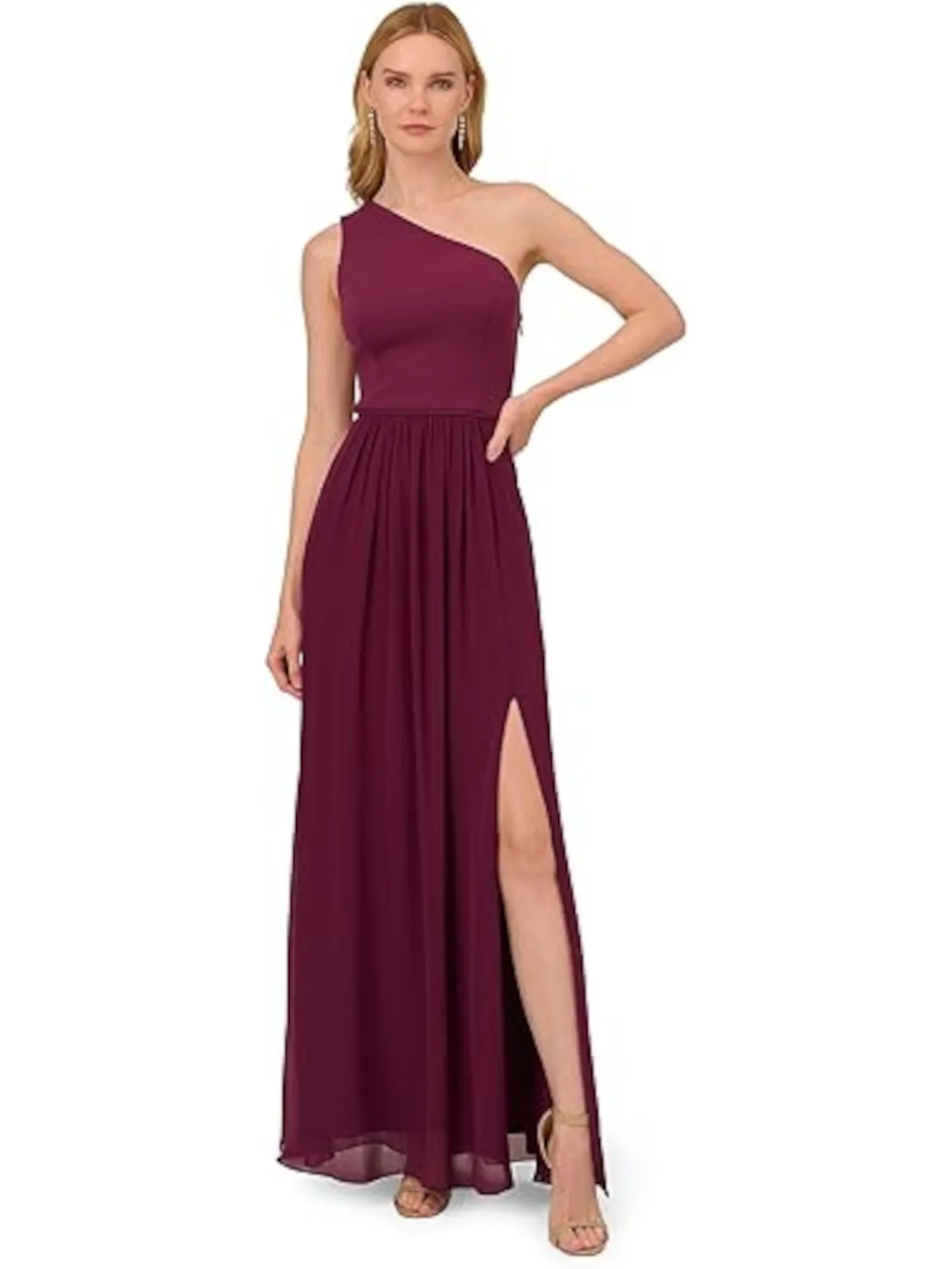 ADRIANNA PAPELL Womens Burgundy Zippered Gathered High Slit Lined Sleeveless Asymmetrical Neckline Full-Length Evening Gown Dress