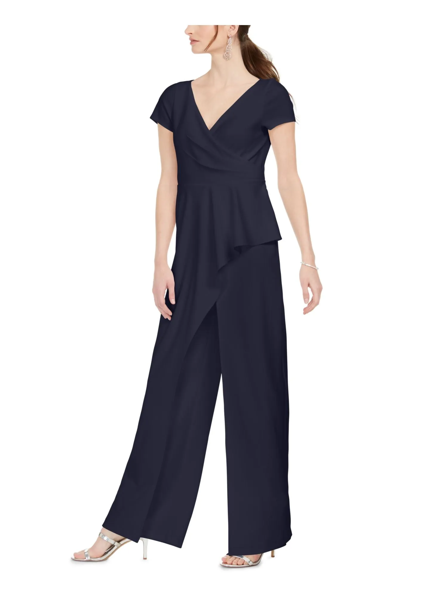 ADRIANNA PAPELL Womens Navy Ruffled Zippered Cap Sleeve Surplice Neckline Evening Wide Leg Jumpsuit