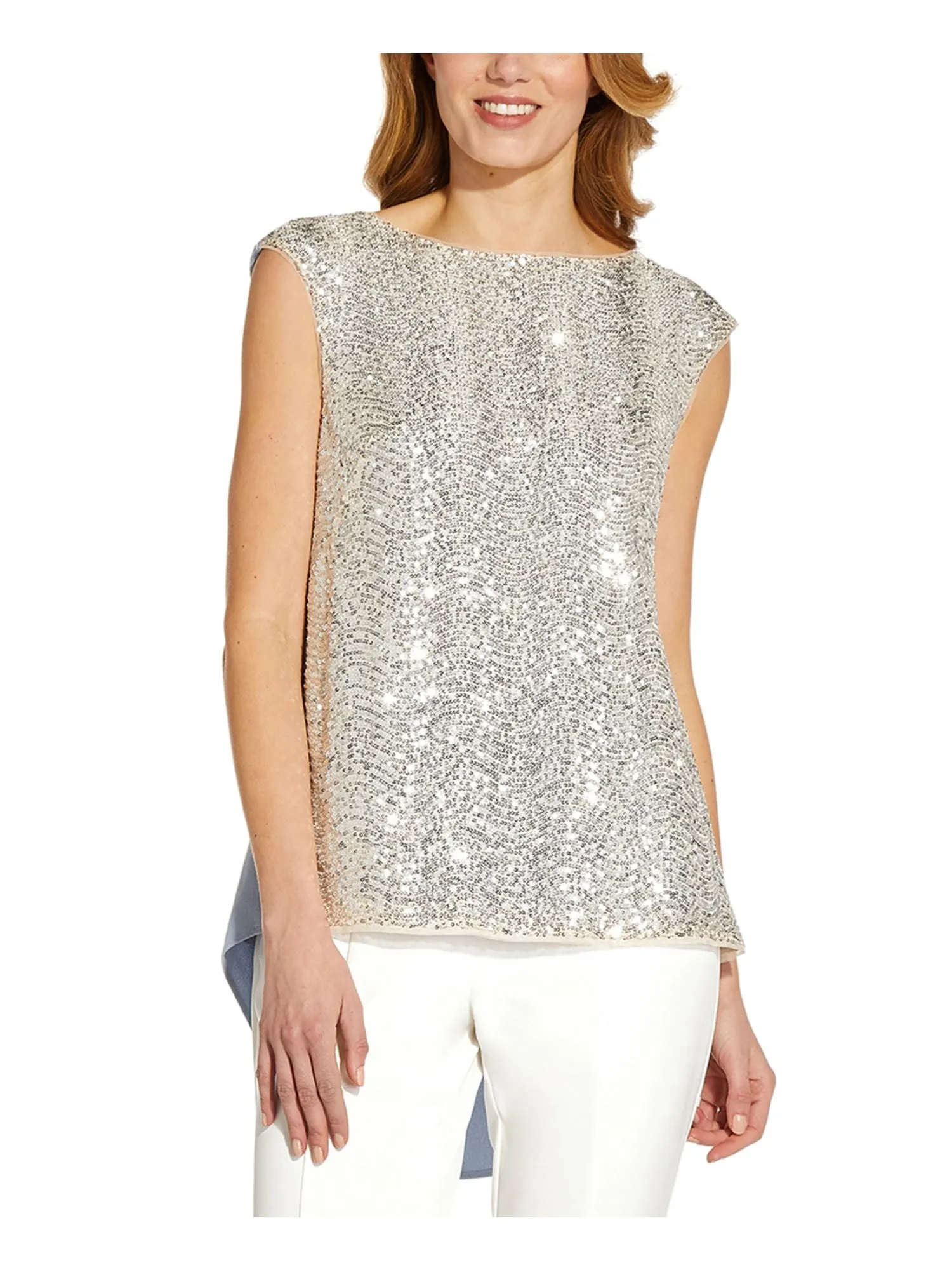 ADRIANNA PAPELL Womens Stretch Sequined Sleeveless Boat Neck Formal Top