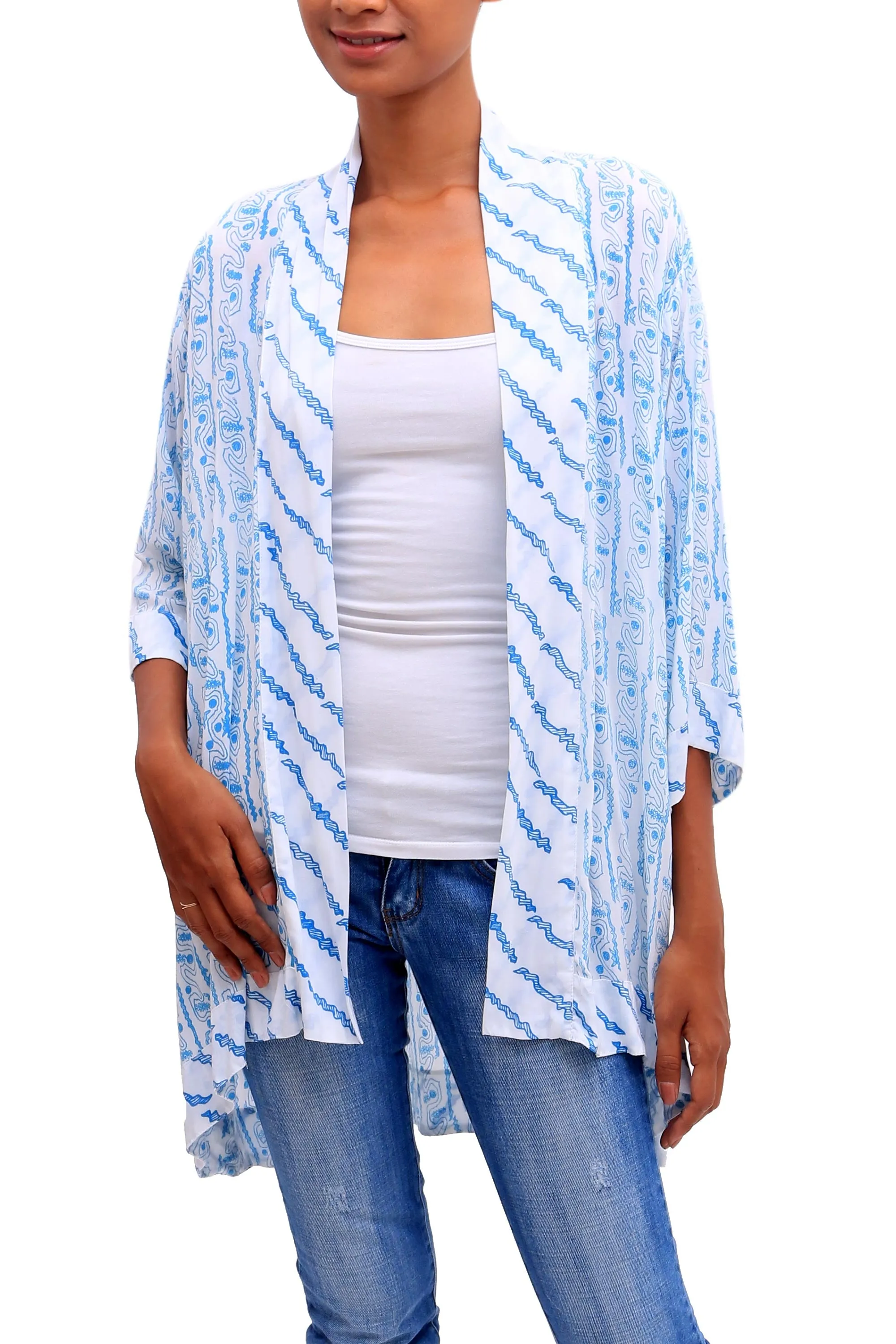 Azure Helix Printed Rayon Kimono in Azure from Bali