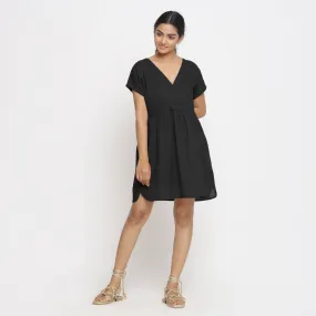 Black 100% Cotton V-Neck Short Wrap Dress