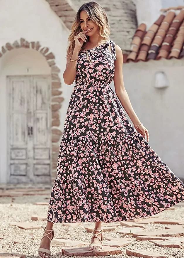 Black Pink Women's Summer Floral Maxi Dresses - Prettygarden