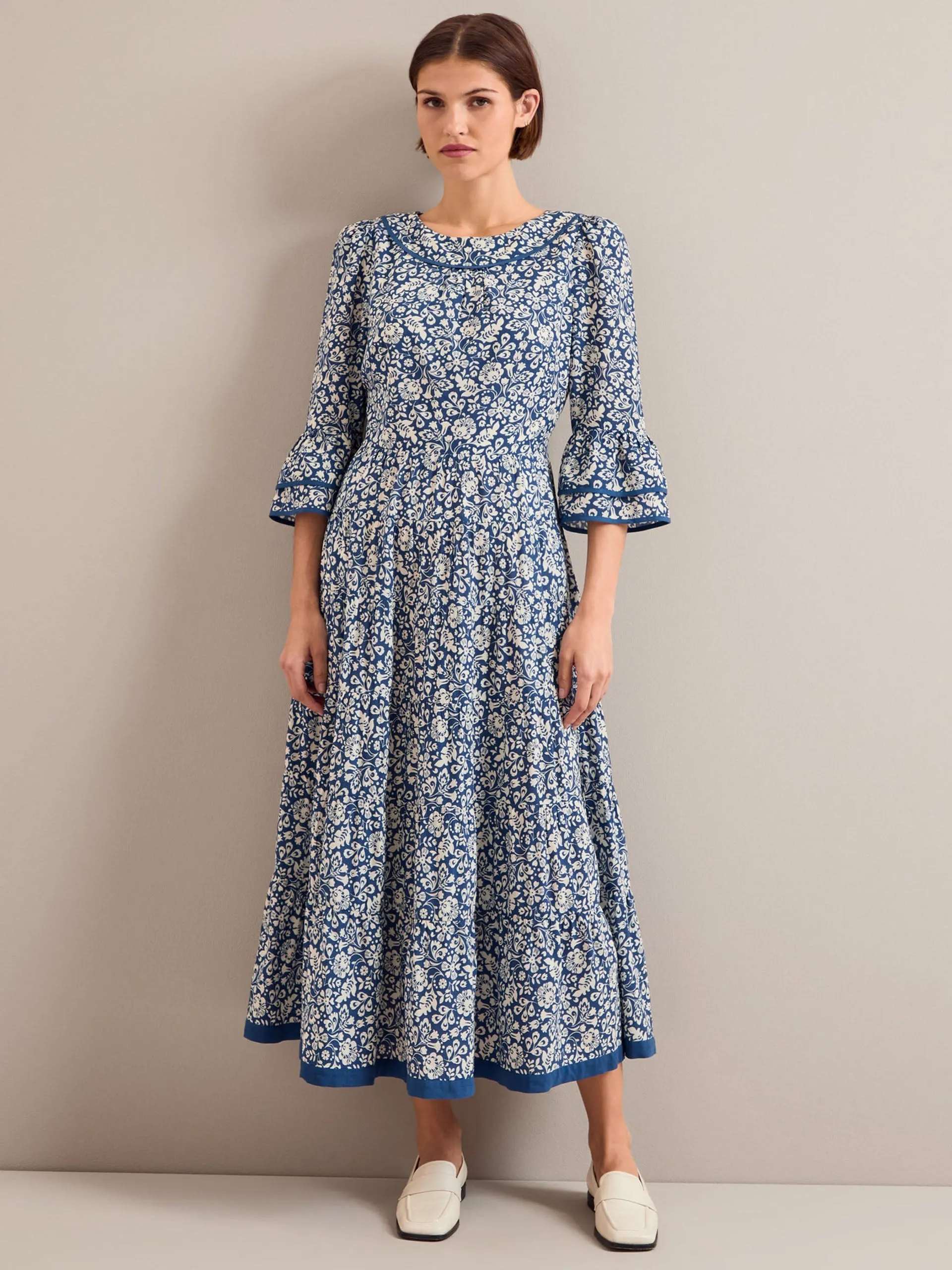 Blue mono floral print Elodie cotton blend maxi dress