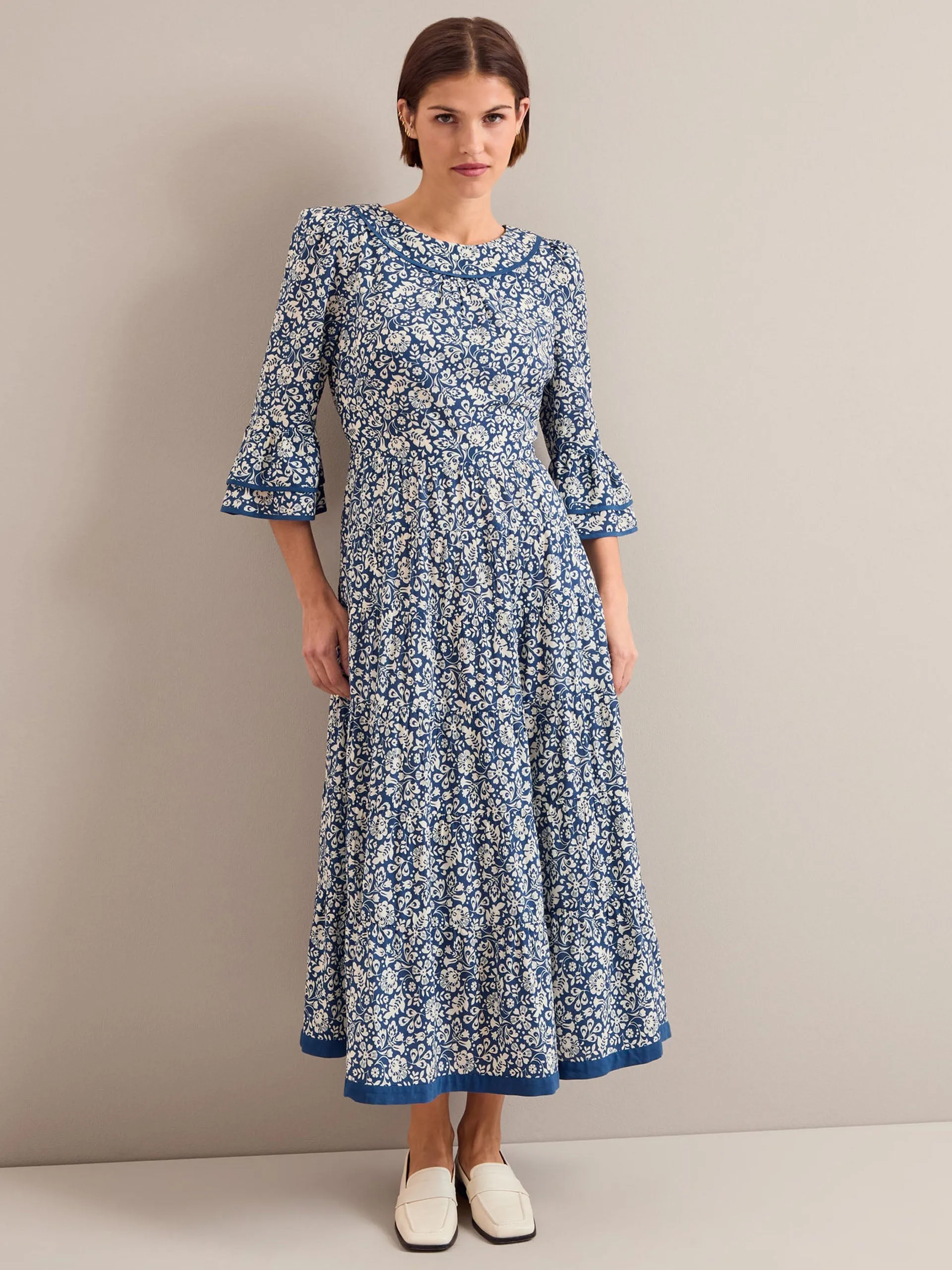 Blue mono floral print Elodie cotton blend maxi dress