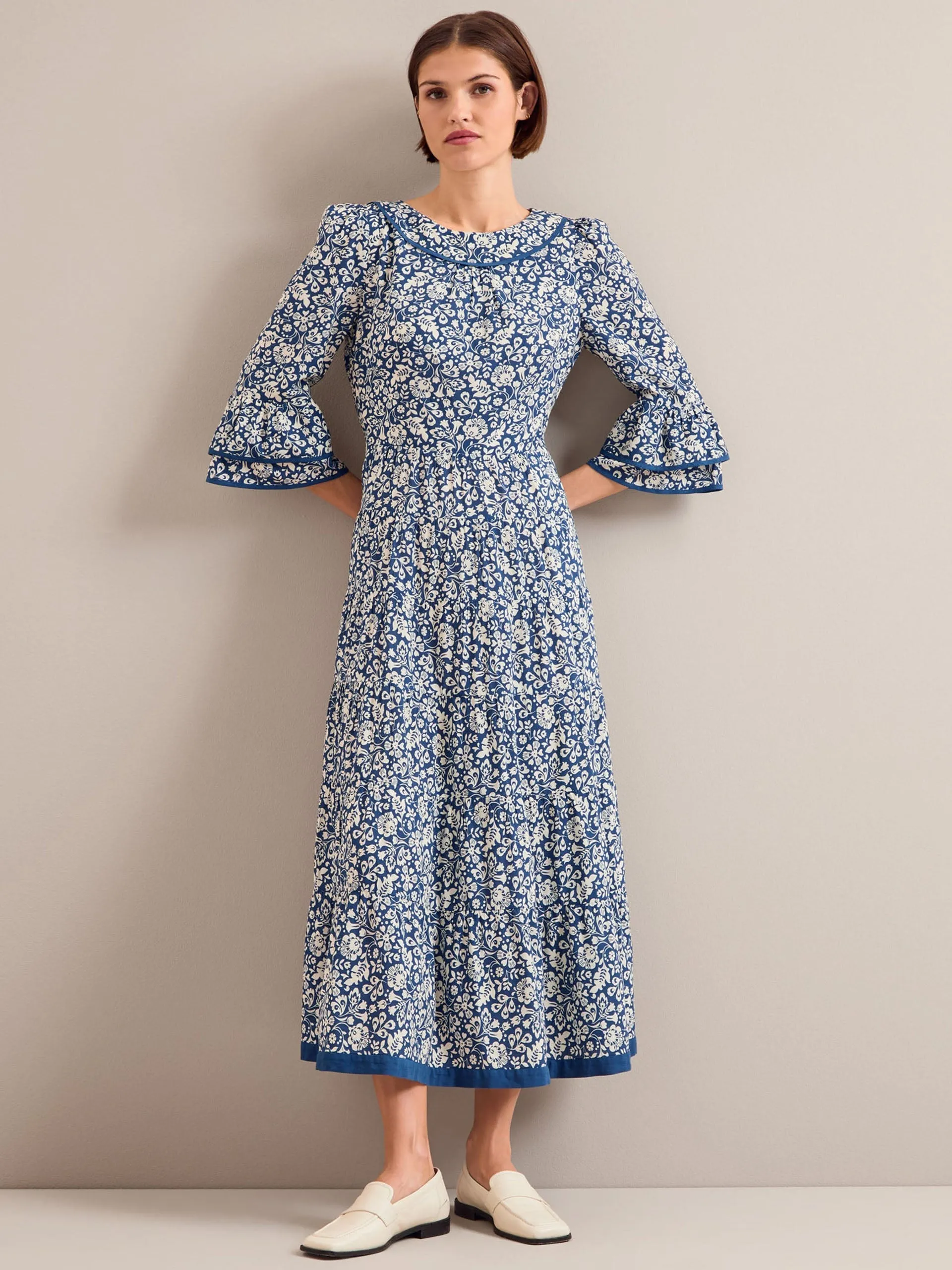 Blue mono floral print Elodie cotton blend maxi dress