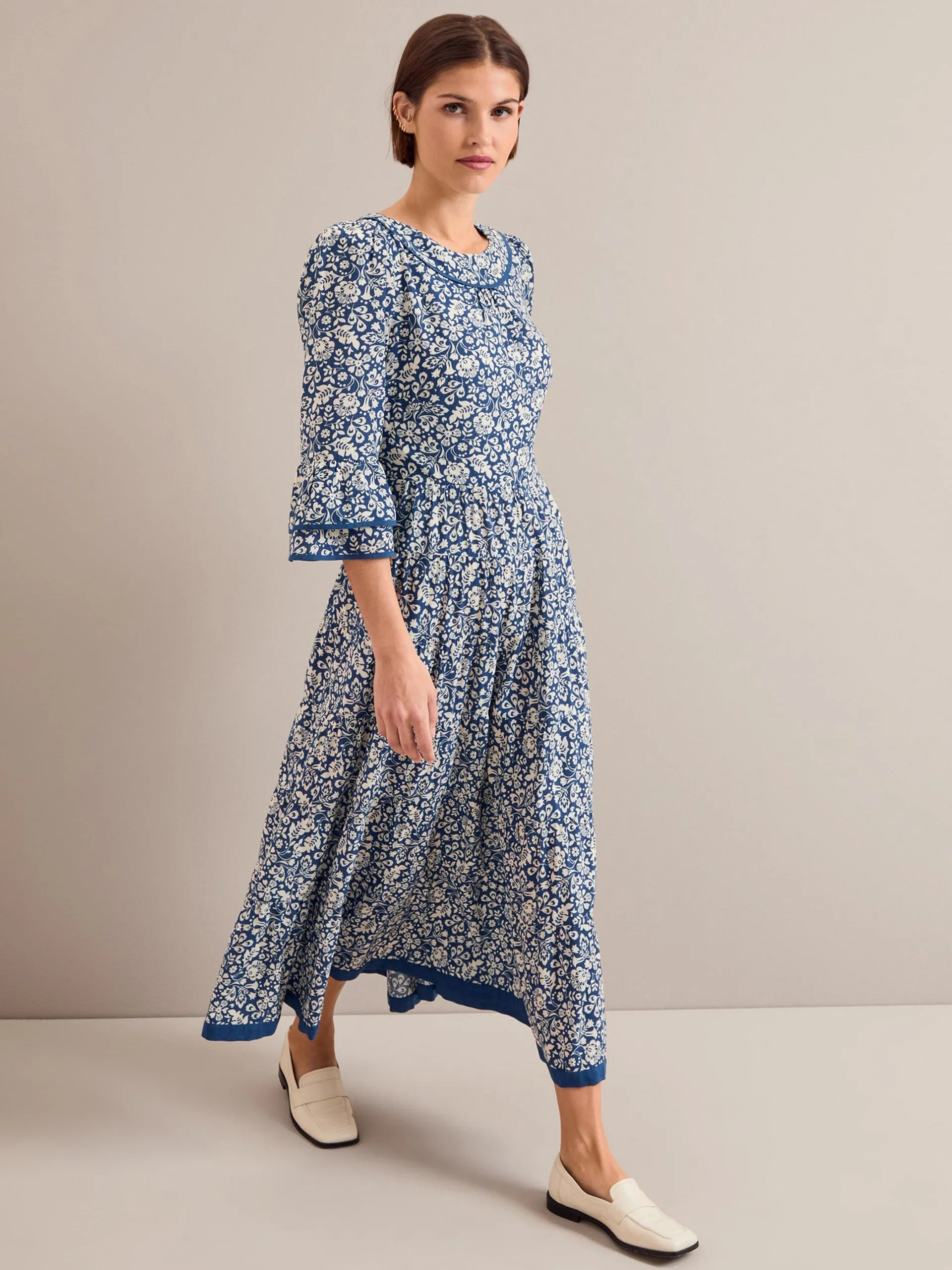 Blue mono floral print Elodie cotton blend maxi dress