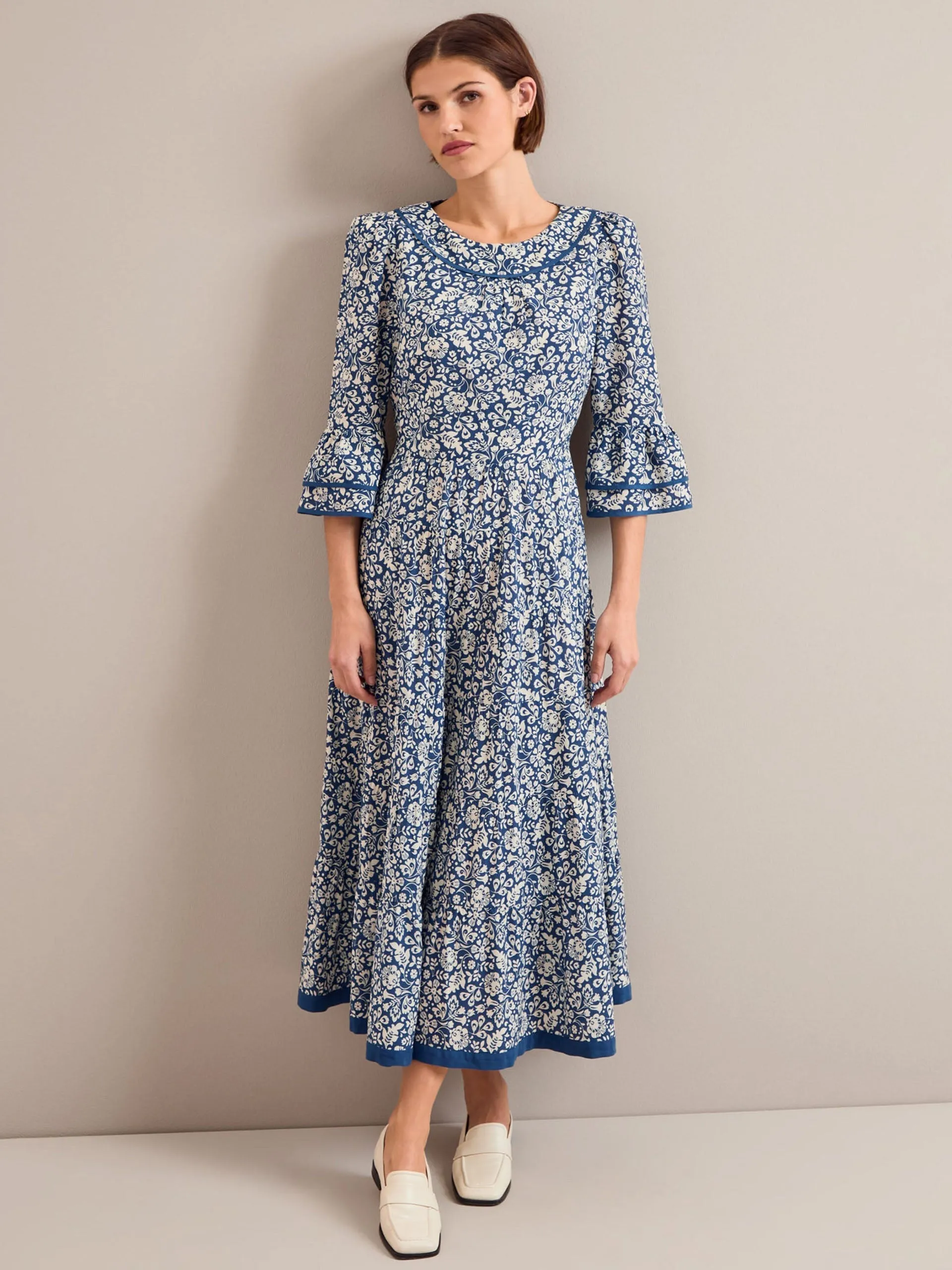 Blue mono floral print Elodie cotton blend maxi dress