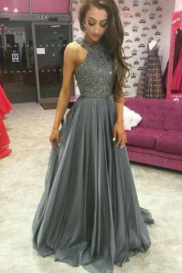 Chic A-line Halter Flowy Prom Dresses Long Beads Chiffon Sleeveless Evening Dresses WK413