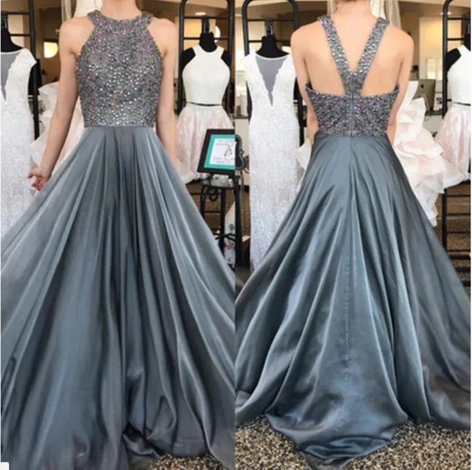 Chic A-line Halter Flowy Prom Dresses Long Beads Chiffon Sleeveless Evening Dresses WK413