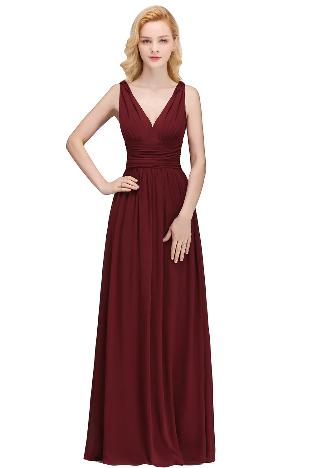 Chiffon V Neck Off The Shoulder Ruffle Floor Length Bridesmaid Dress