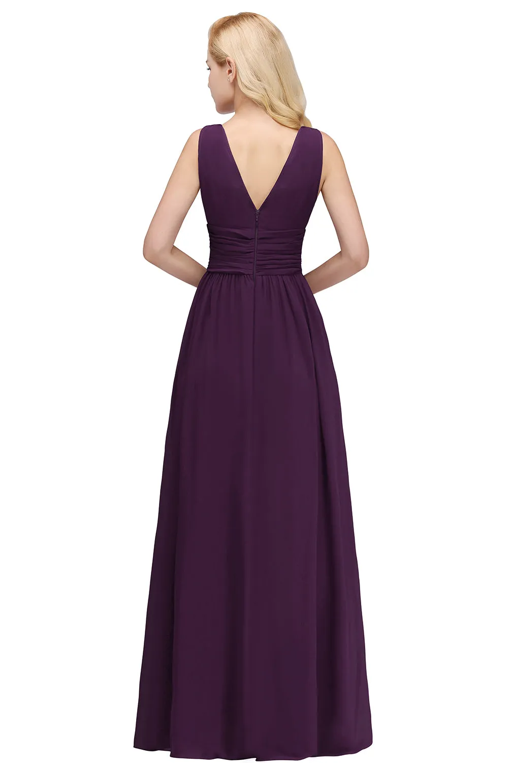 Chiffon V Neck Off The Shoulder Ruffle Floor Length Bridesmaid Dress