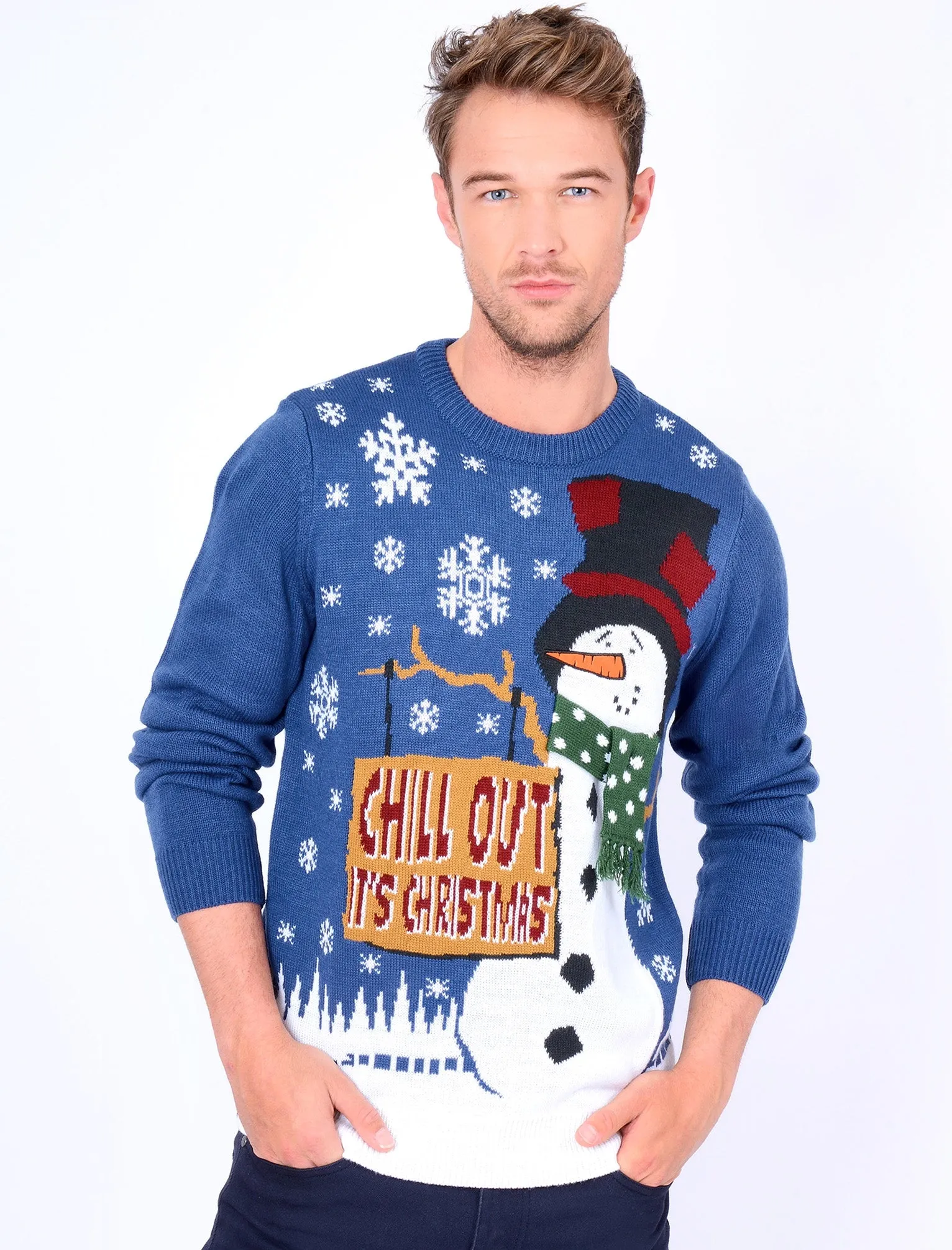 Chill Out Novelty Christmas Jumper in Sapphire - Season’s Greetings