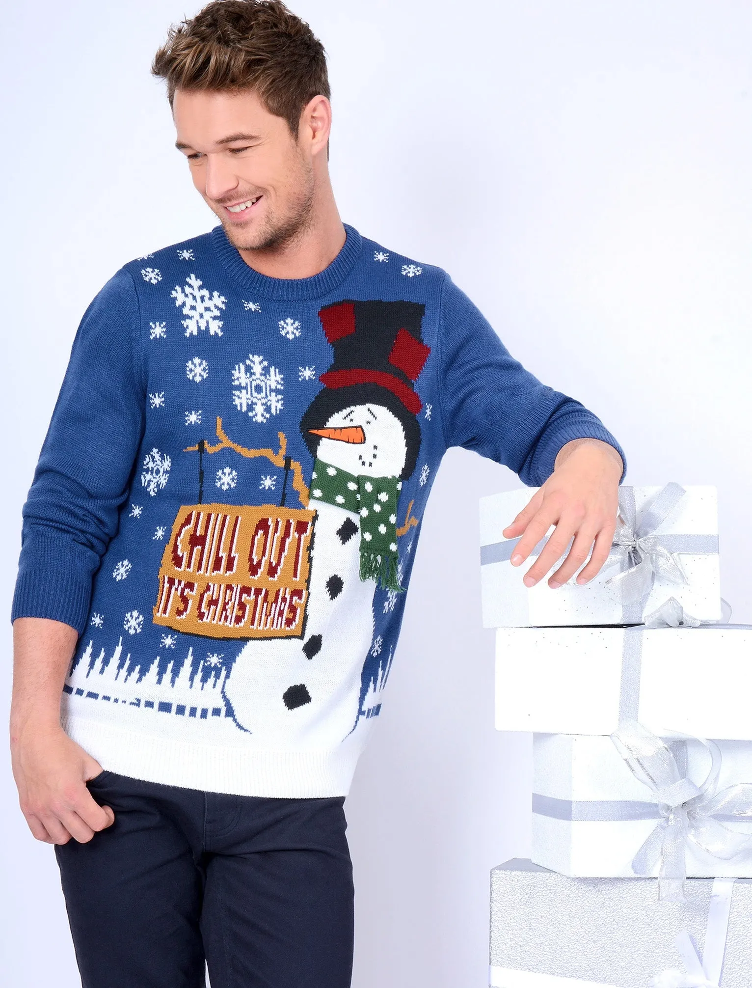 Chill Out Novelty Christmas Jumper in Sapphire - Season’s Greetings