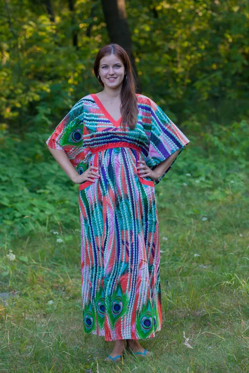 Coral Breezy Bohemian Style Caftan in Peacock Plumage Pattern