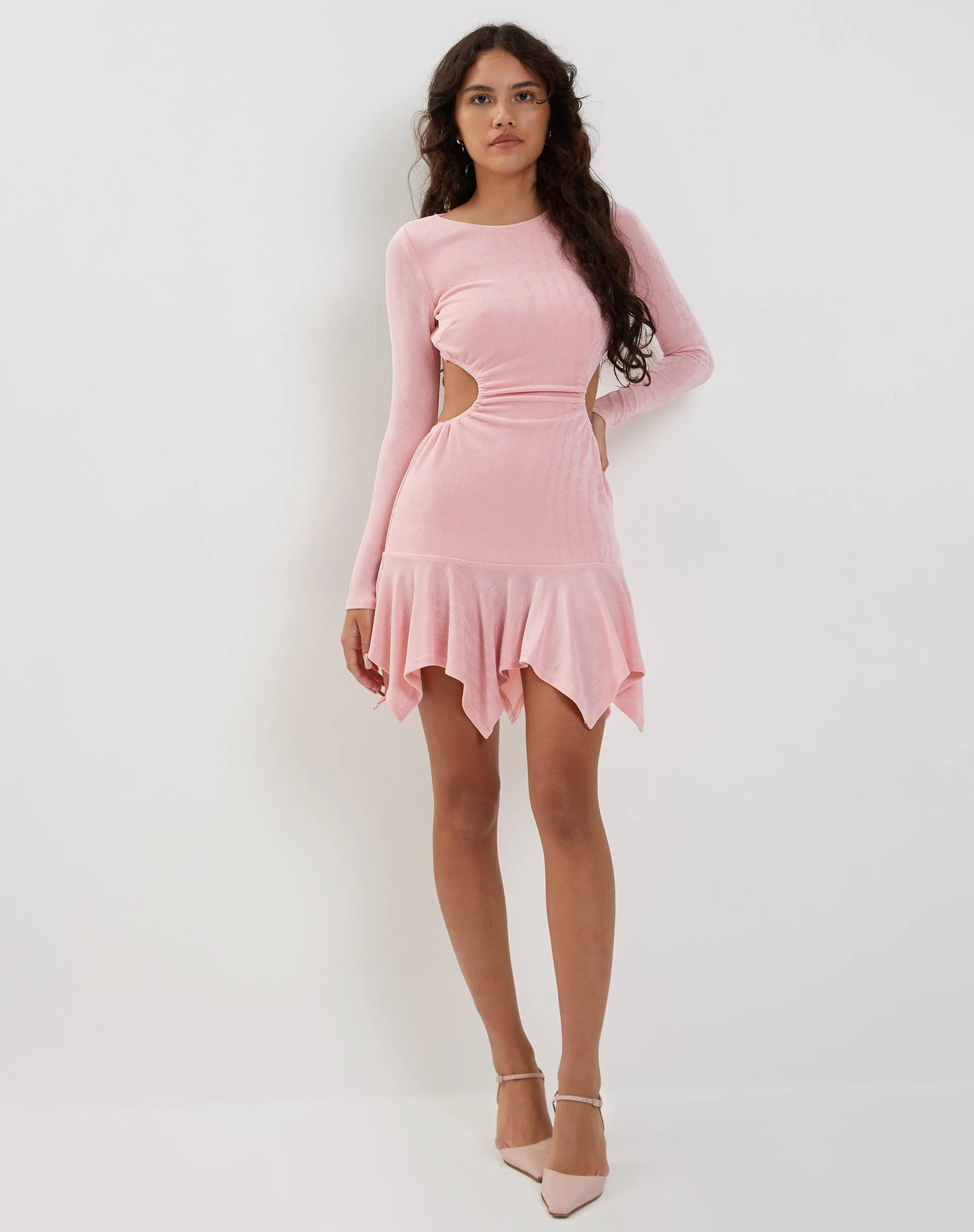 Cordelia Long Sleeve Cut Out Mini Dress in Pink