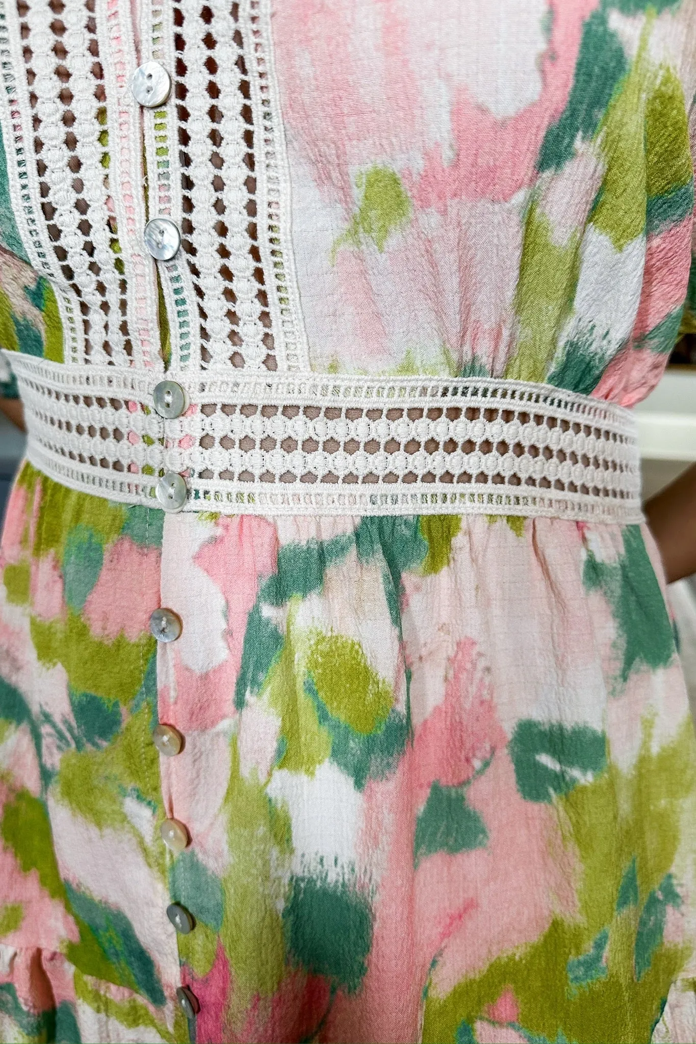 Crochet Trim Pastel Watercolor Loop Button Down Tiered Maxi Dress