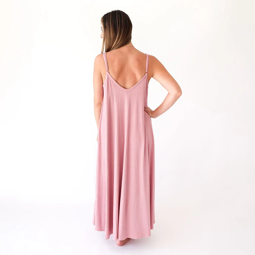 Dusty Rose Ribbed Women's Sleeveless Maxi Dress