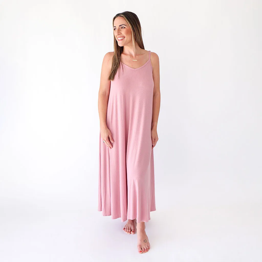 Dusty Rose Ribbed Women's Sleeveless Maxi Dress