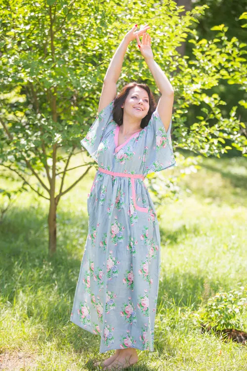 Gray Breezy Bohemian Style Caftan in Pink Peonies Pattern