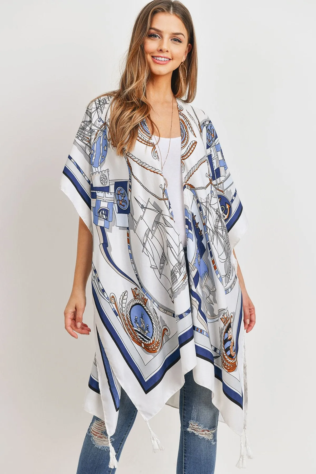 Hdf3176 - Sailors Inspired Pattern Open Front Kimono