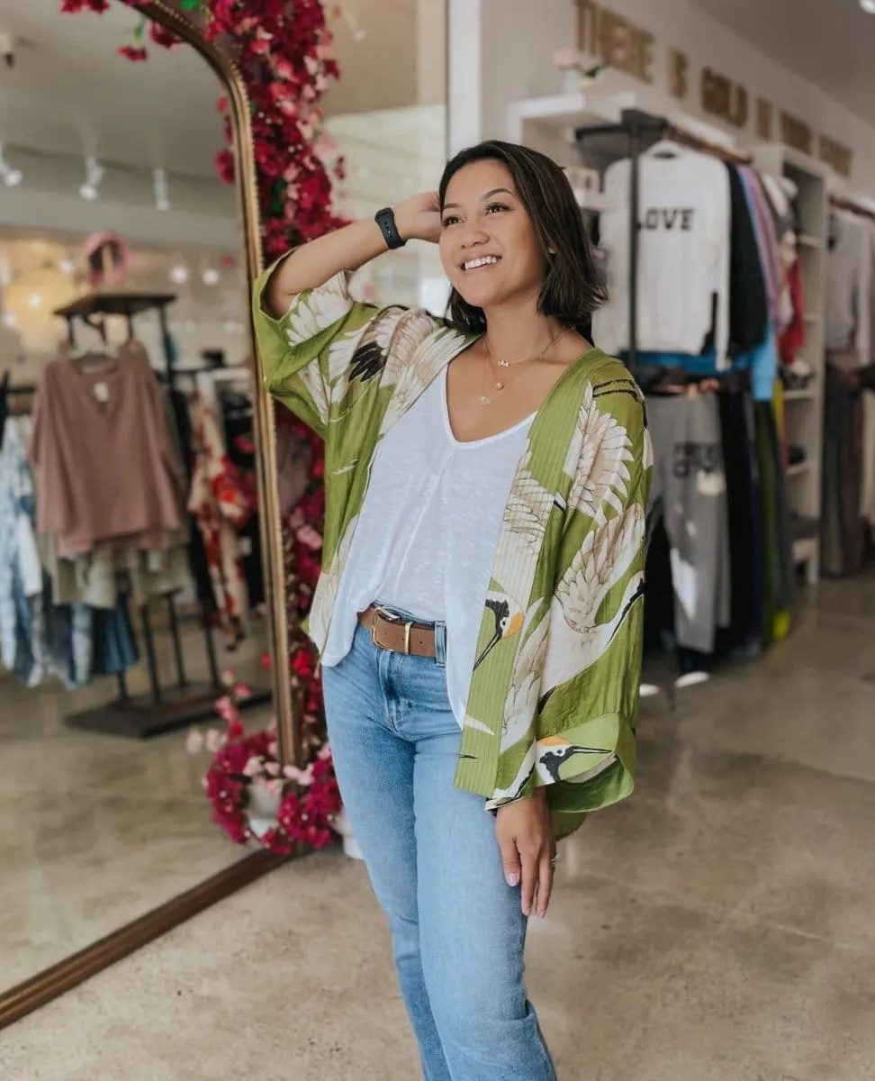 Heron Green Short Kimono