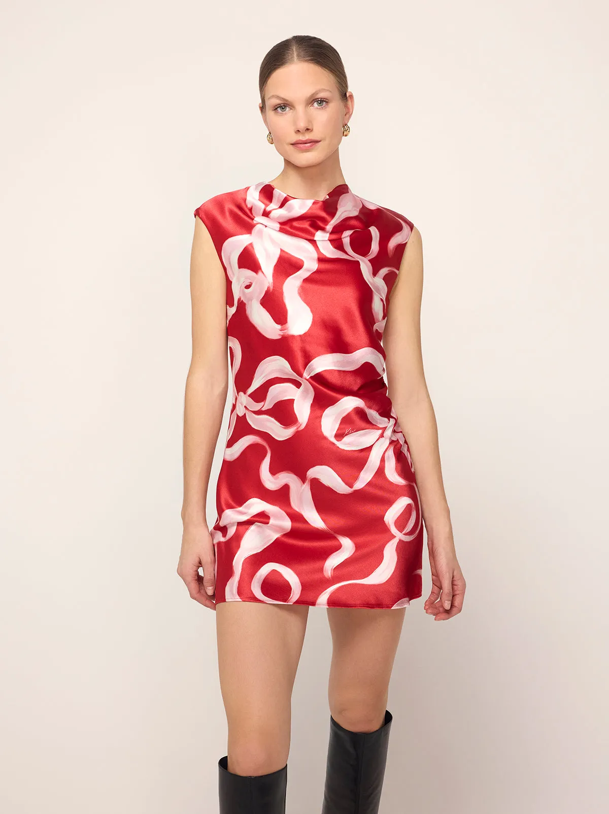 Hessa Red Ribbon Print Mini Dress