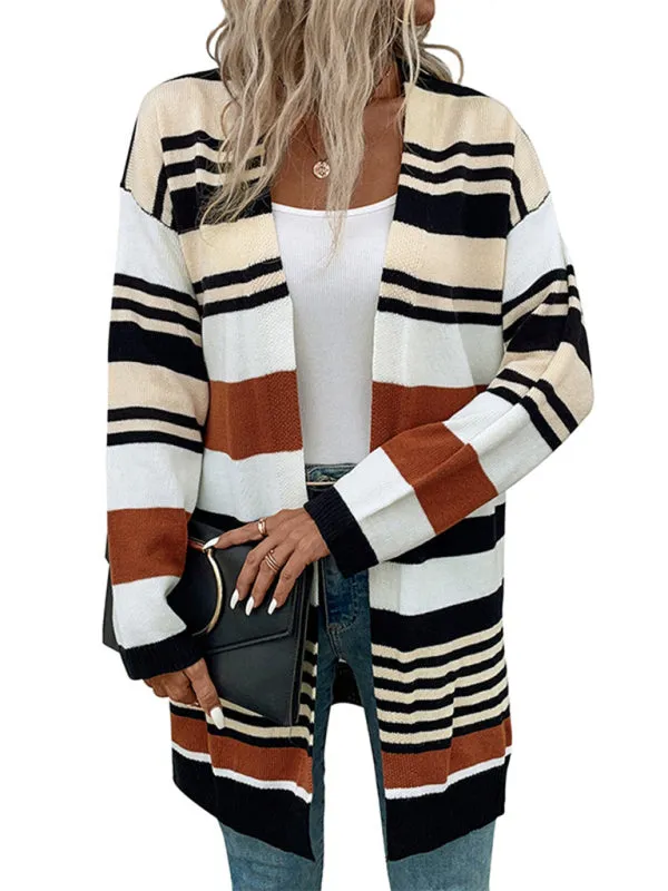 Knit Oversize Color Block Mid Length Cardigan