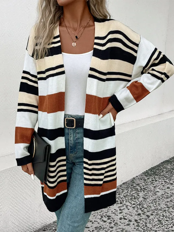 Knit Oversize Color Block Mid Length Cardigan