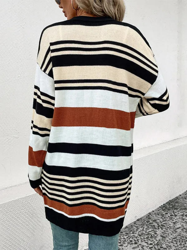 Knit Oversize Color Block Mid Length Cardigan