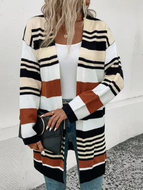 Knit Oversize Color Block Mid Length Cardigan