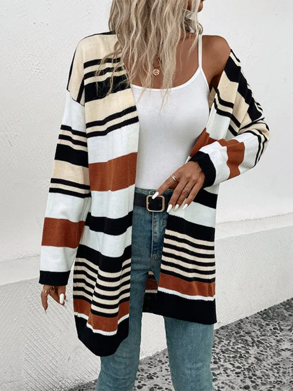 Knit Oversize Color Block Mid Length Cardigan