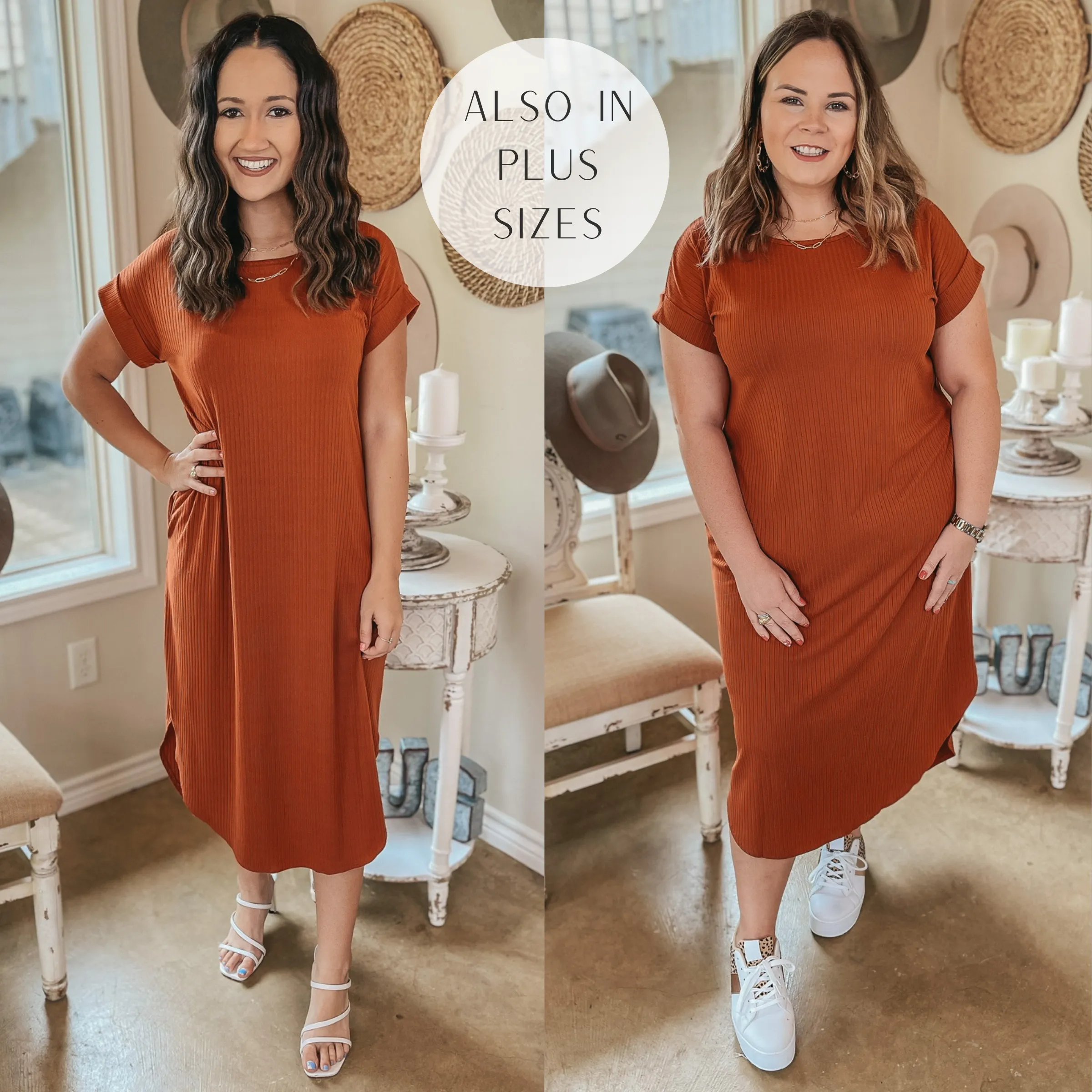 Last Chance Size Small | Chill Looks Short Sleeve Ribbed Midi Dress in Rust Red