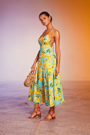 Lemon Print Open Back Dress