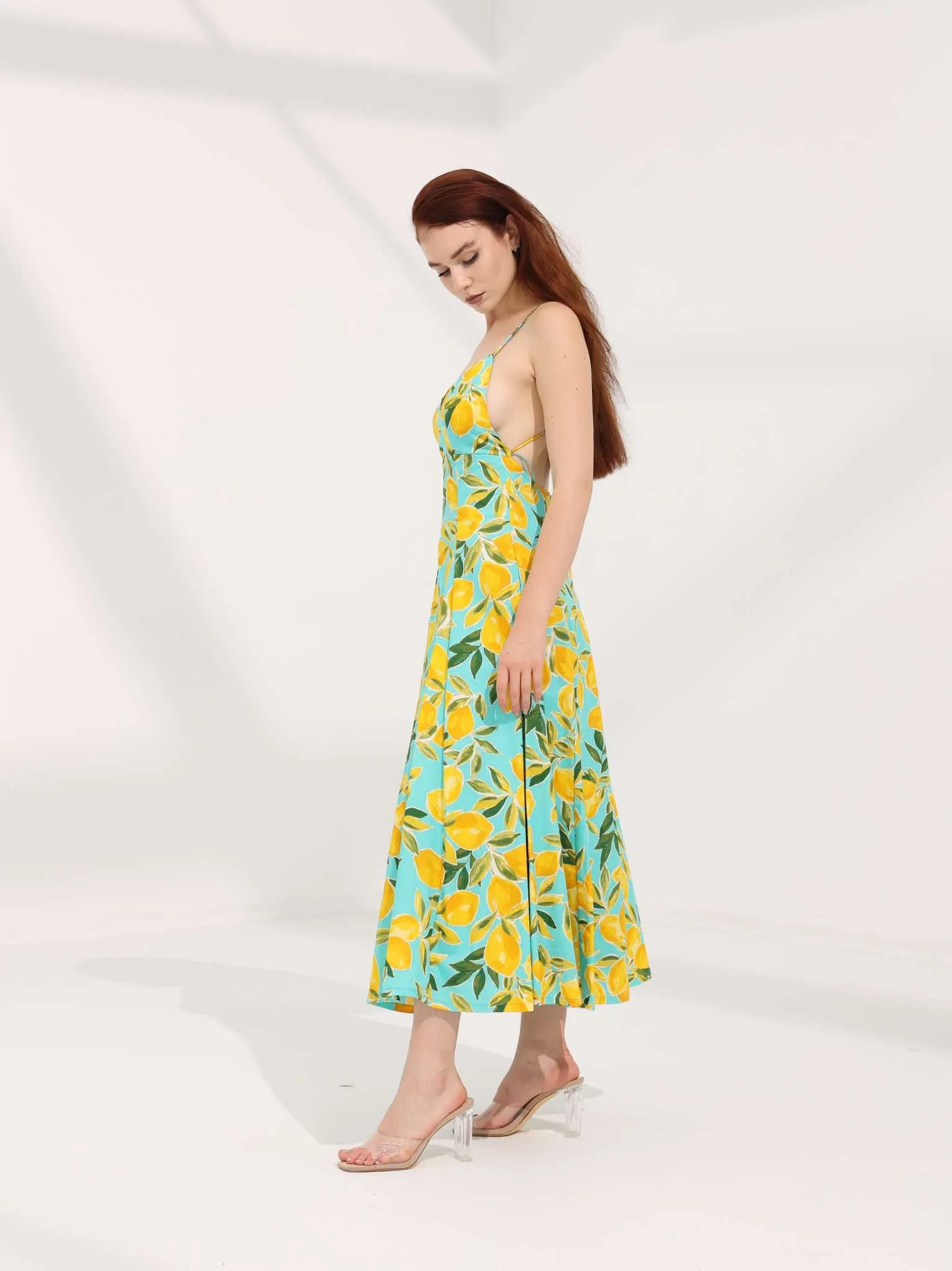 Lemon Print Open Back Dress