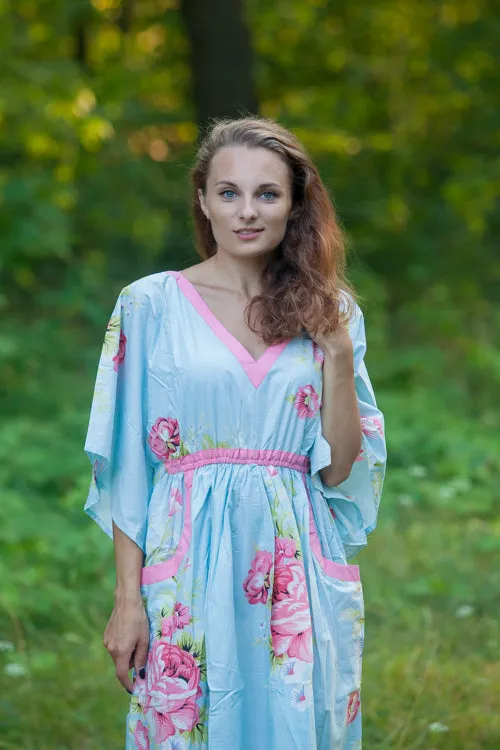 Light Blue Breezy Bohemian Style Caftan in Cabbage Roses Pattern