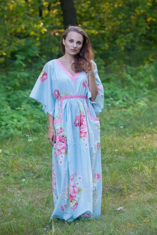 Light Blue Breezy Bohemian Style Caftan in Cabbage Roses Pattern