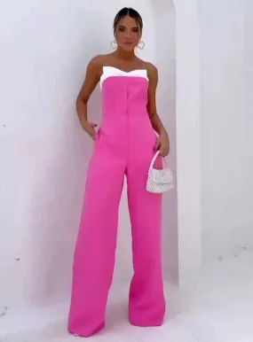 Pink sleeveless tube top loose wide-leg jumpsuit