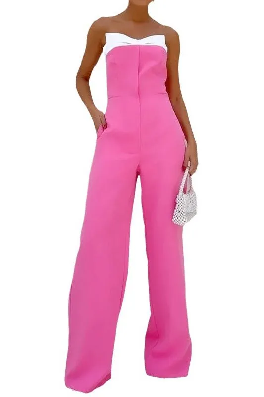 Pink sleeveless tube top loose wide-leg jumpsuit