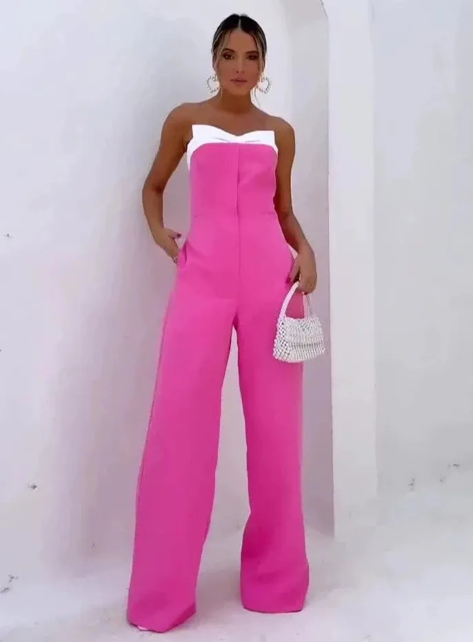 Pink sleeveless tube top loose wide-leg jumpsuit