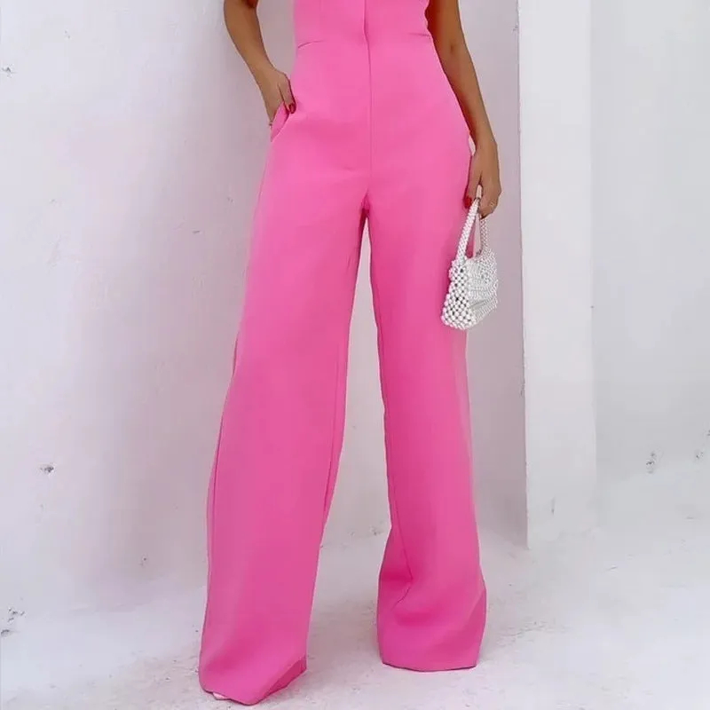 Pink sleeveless tube top loose wide-leg jumpsuit