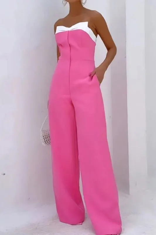 Pink sleeveless tube top loose wide-leg jumpsuit