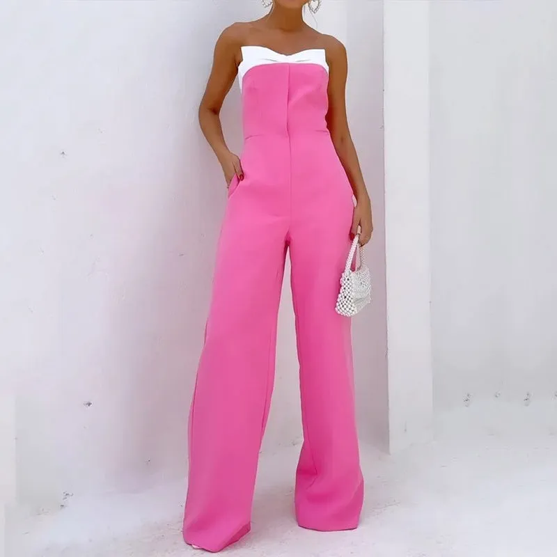 Pink sleeveless tube top loose wide-leg jumpsuit