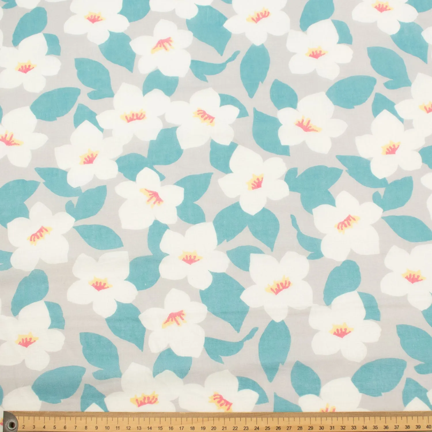 Printed Cotton Voile Design-73 White Flowers & Turquoise Leaves on Grey