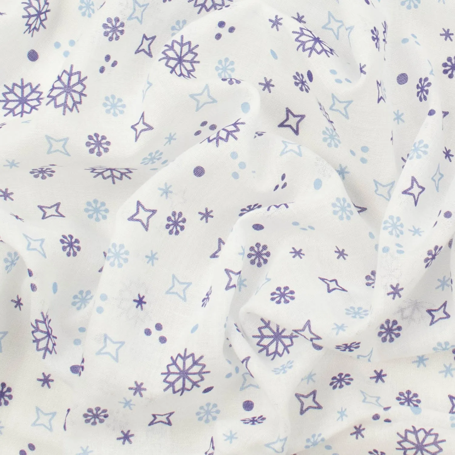 Printed Cotton Voile Design-85 Purple & Blue Snowflakes on White