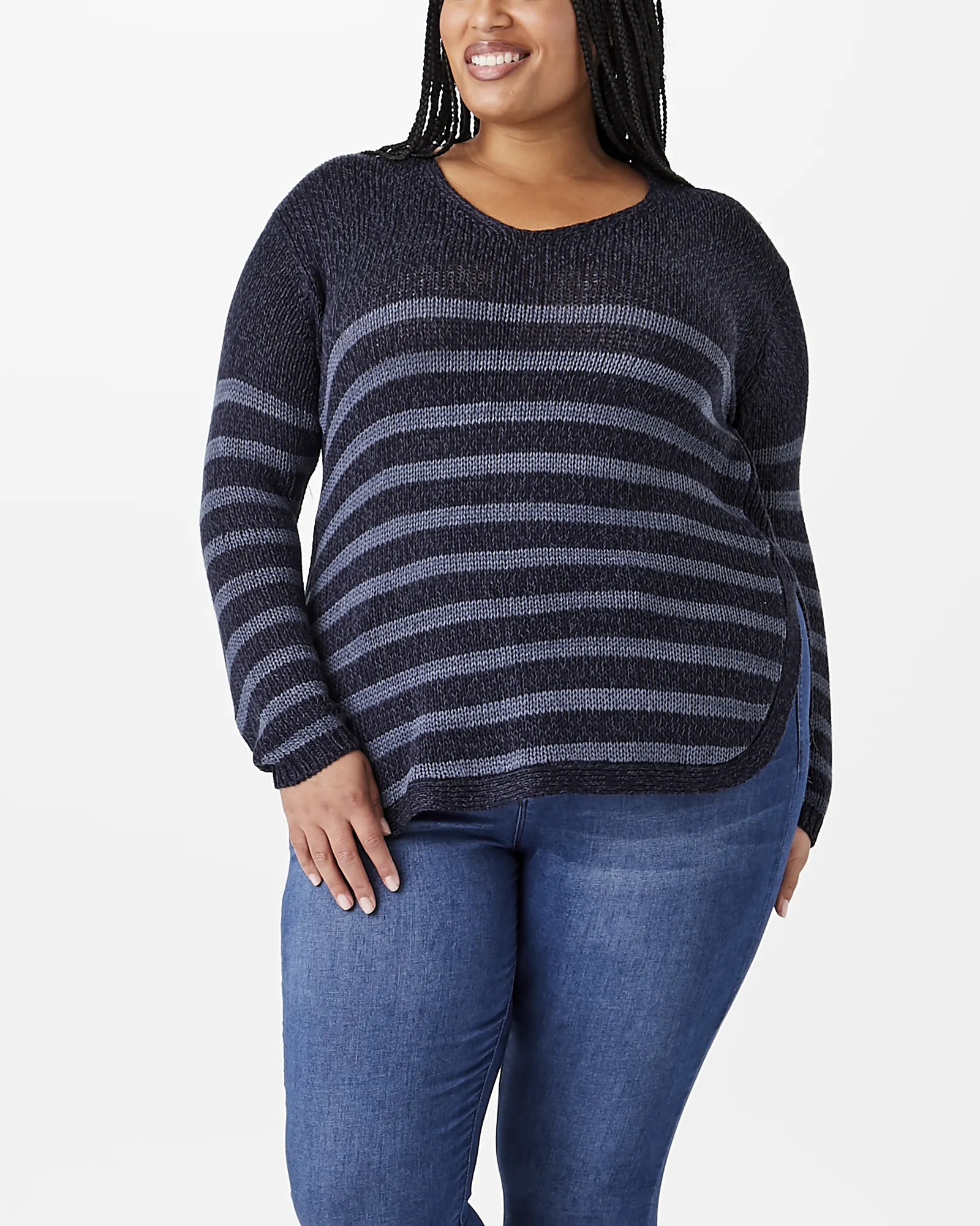 Reagan Striped Round Hem Sweater | Navy / Light Blue