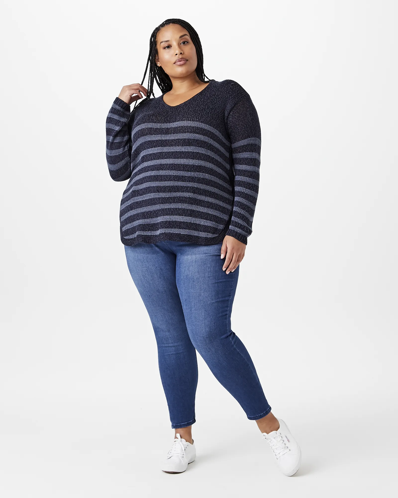 Reagan Striped Round Hem Sweater | Navy / Light Blue