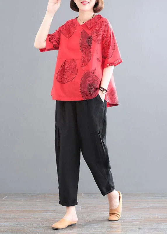 Red Patchwork Pockets Top And Crop Pants Two Piece Set Summer