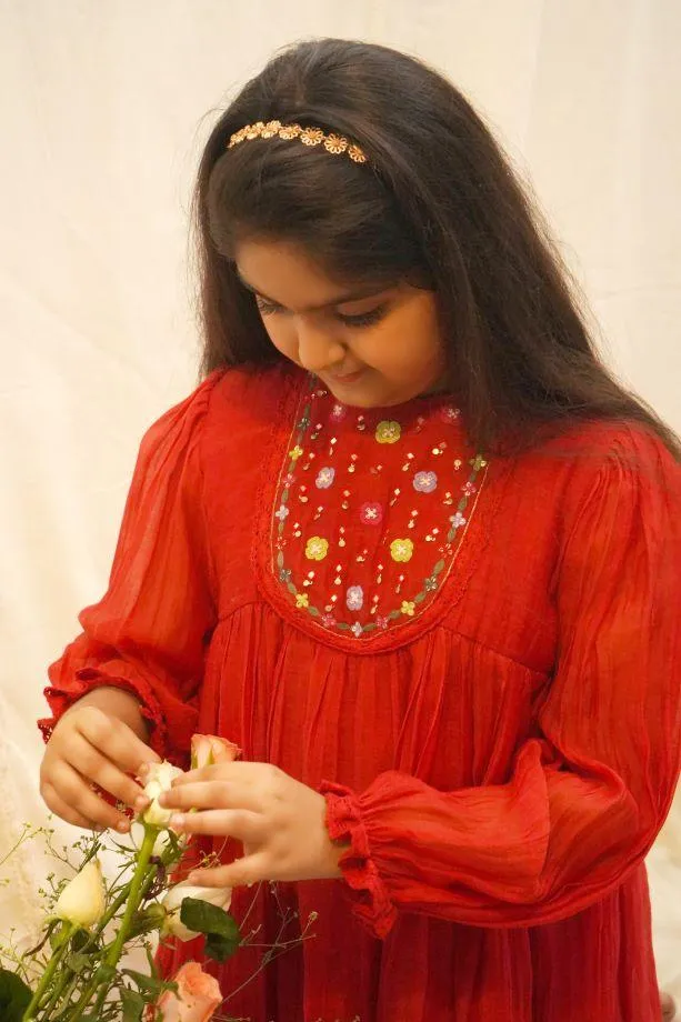 Red Poppy Kurta Set For Girls